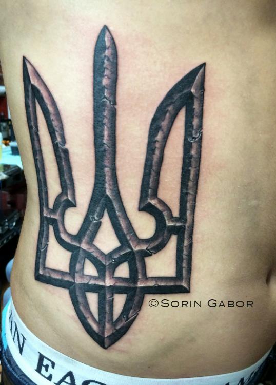 Realistic stone Ukrainian coat of arms on ribs black and gray by Sorin